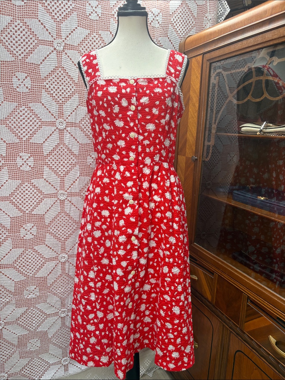 Vintage Lady Diana Red Floral Cotton Sundress Size 12 Made in Canada